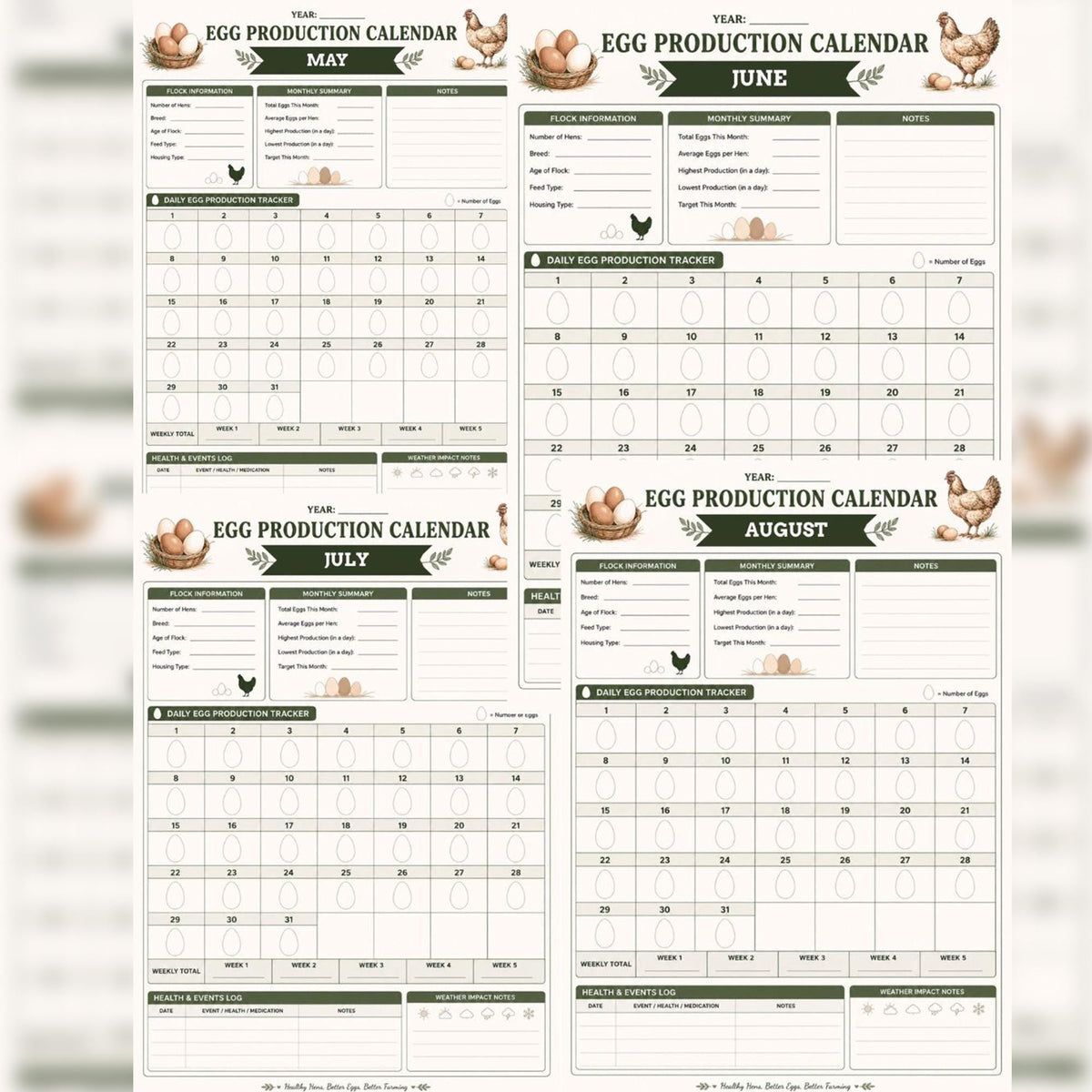 Chicken Egg Production Log | 12-Month Flock Planner, Poultry Record Book (PDF)
