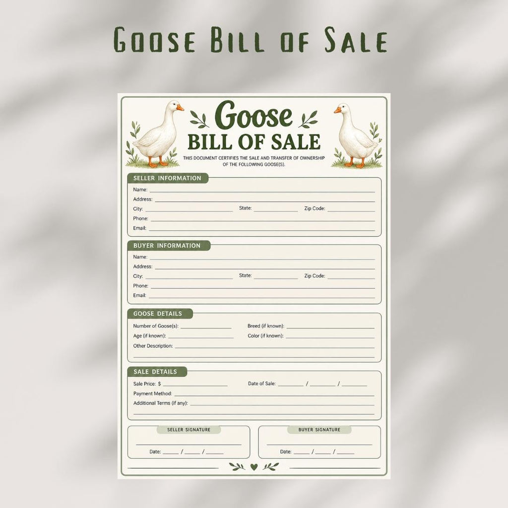 Goose Bill of Sale Form, Waterfowl Ownership Transfer Record (PDF Template)