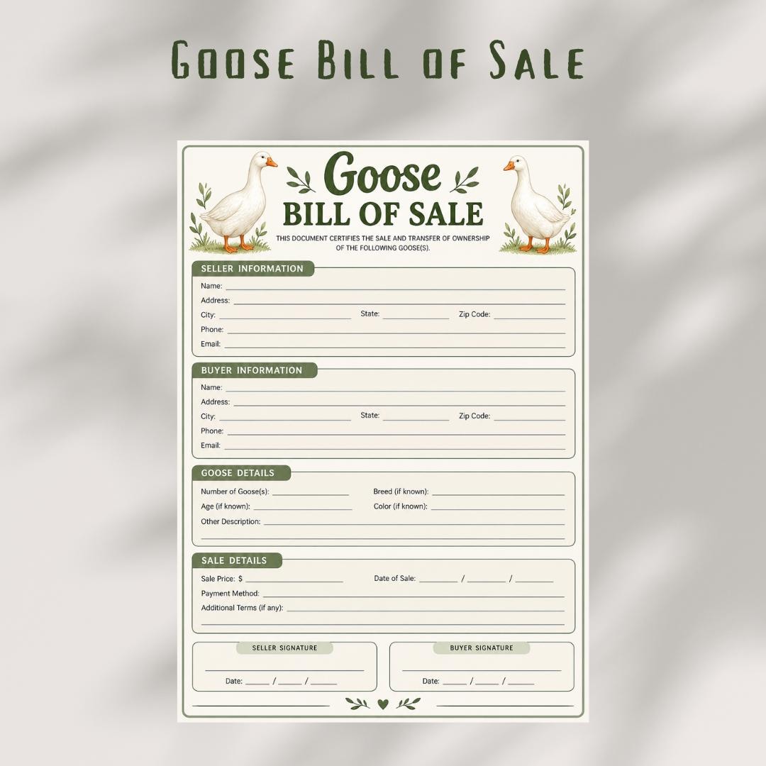 Goose Bill of Sale Form, Waterfowl Ownership Transfer Record (PDF Template)