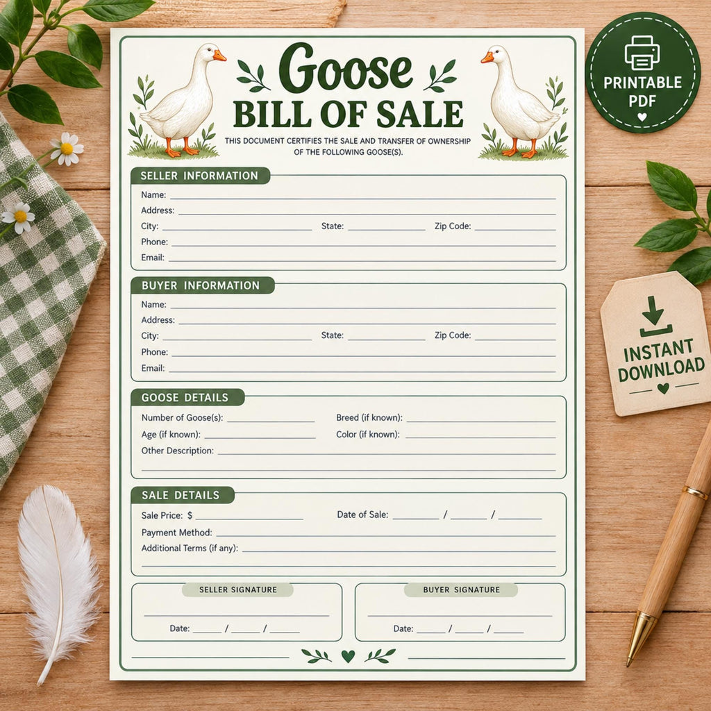 Goose Bill of Sale Form, Waterfowl Ownership Transfer Record (PDF Template)