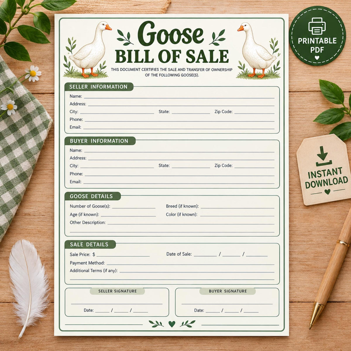 Goose Bill of Sale Form, Waterfowl Ownership Transfer Record (PDF Template)