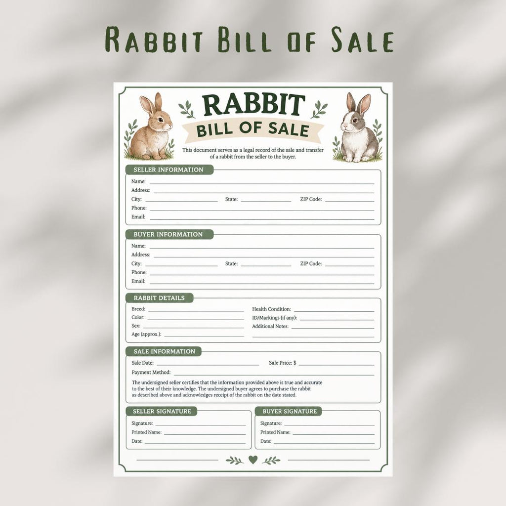 Rabbit Bill of Sales, Small Animal Record Paper Form (A4 PDF)