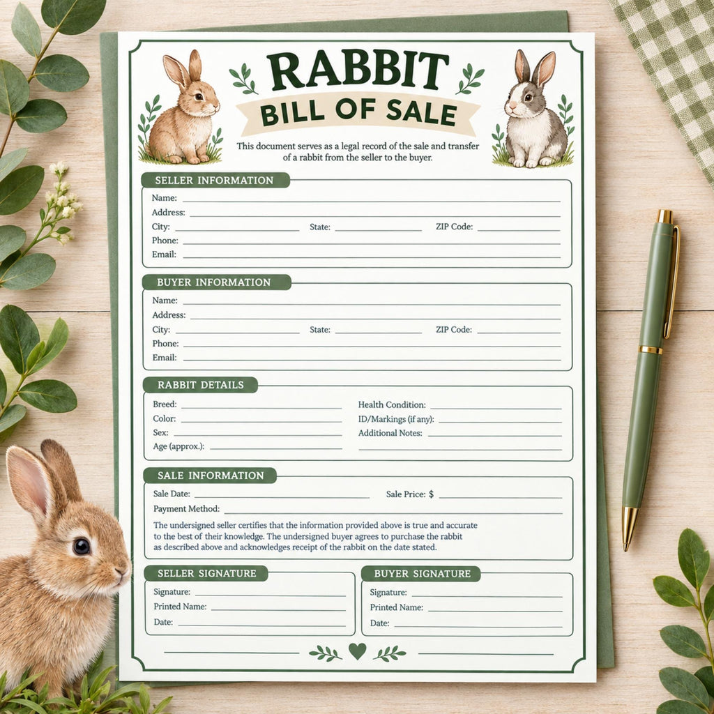 Rabbit Bill of Sales, Small Animal Record Paper Form (A4 PDF)