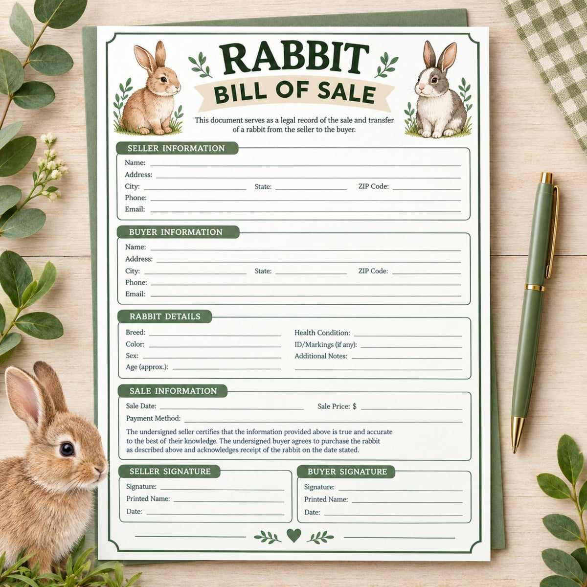Rabbit Bill of Sales, Small Animal Record Paper Form (A4 PDF)