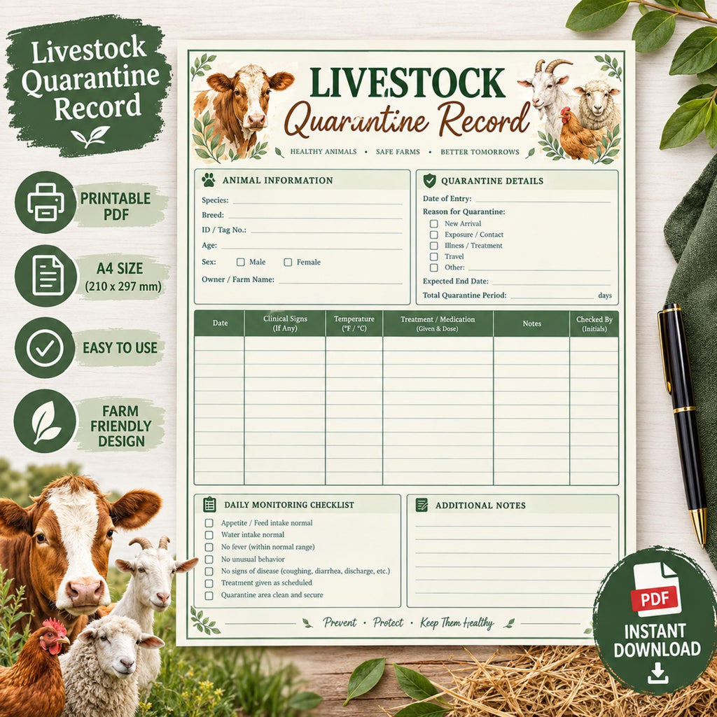 Livestock Quarantine Record Printable, Animal Health Monitoring Log, Farm Biosecurity PDF