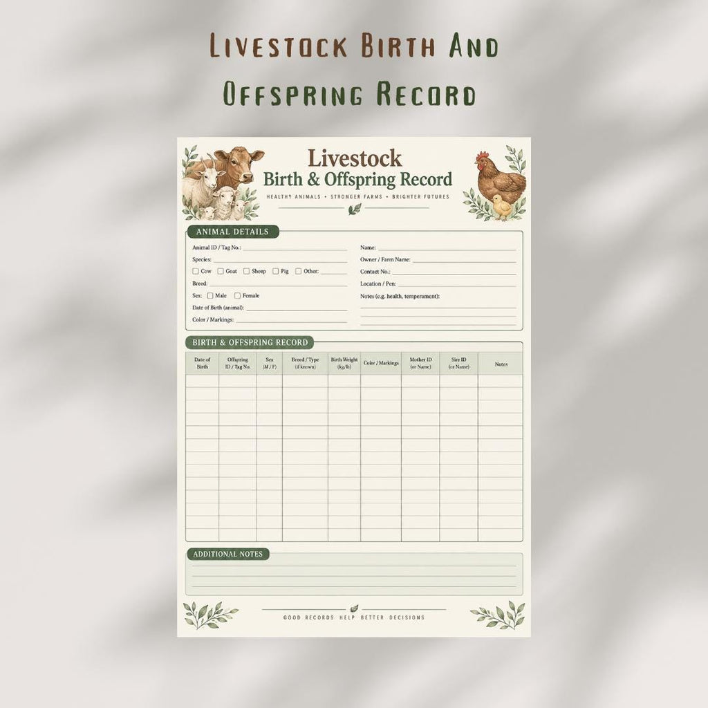 Livestock Birth & Offspring Record, Farm Breeding Log (A4 Printable PDF)