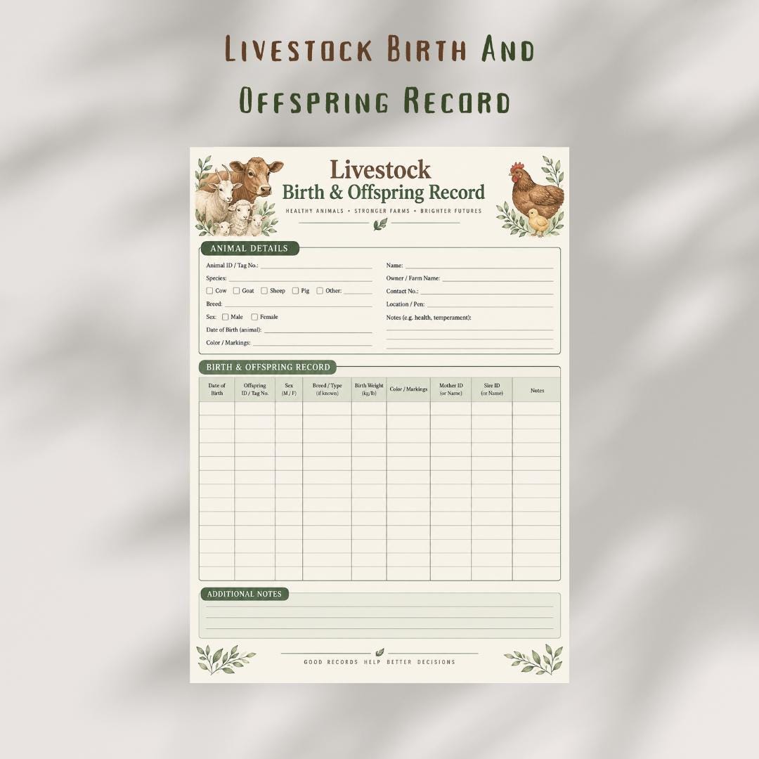 Livestock Birth & Offspring Record, Farm Breeding Log (A4 Printable PDF)