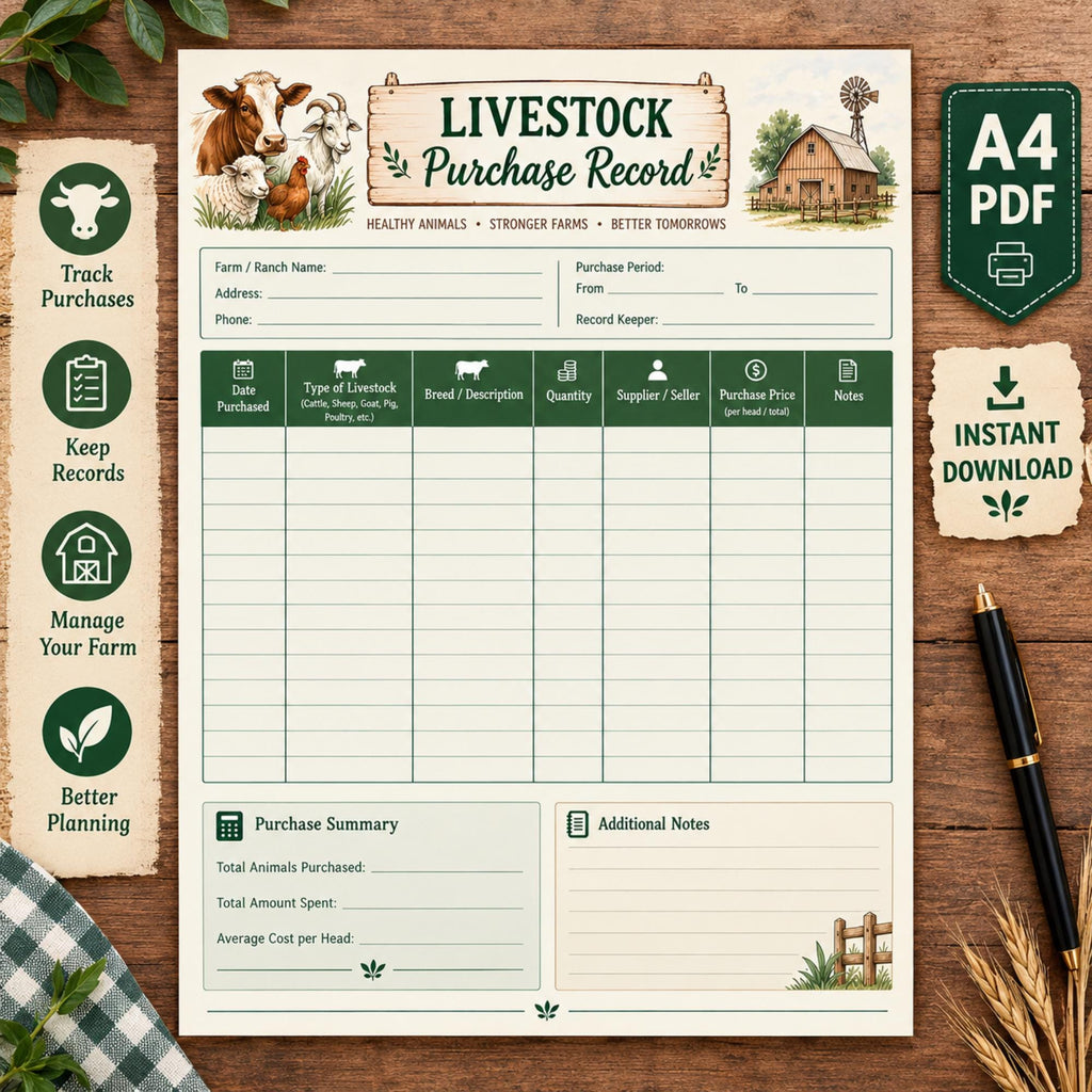Farm Livestock Purchase Record | A4 Animal Purchase Log (PDF)