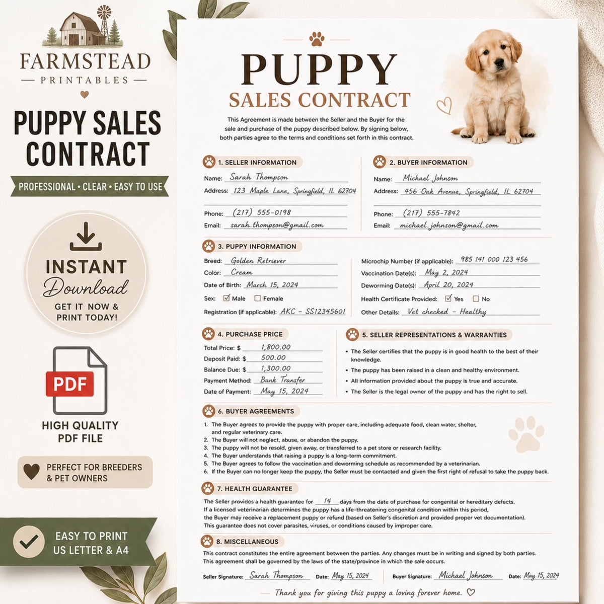 Puppy Contract, Editable PDF Dog Breeder Form | A4 Template
