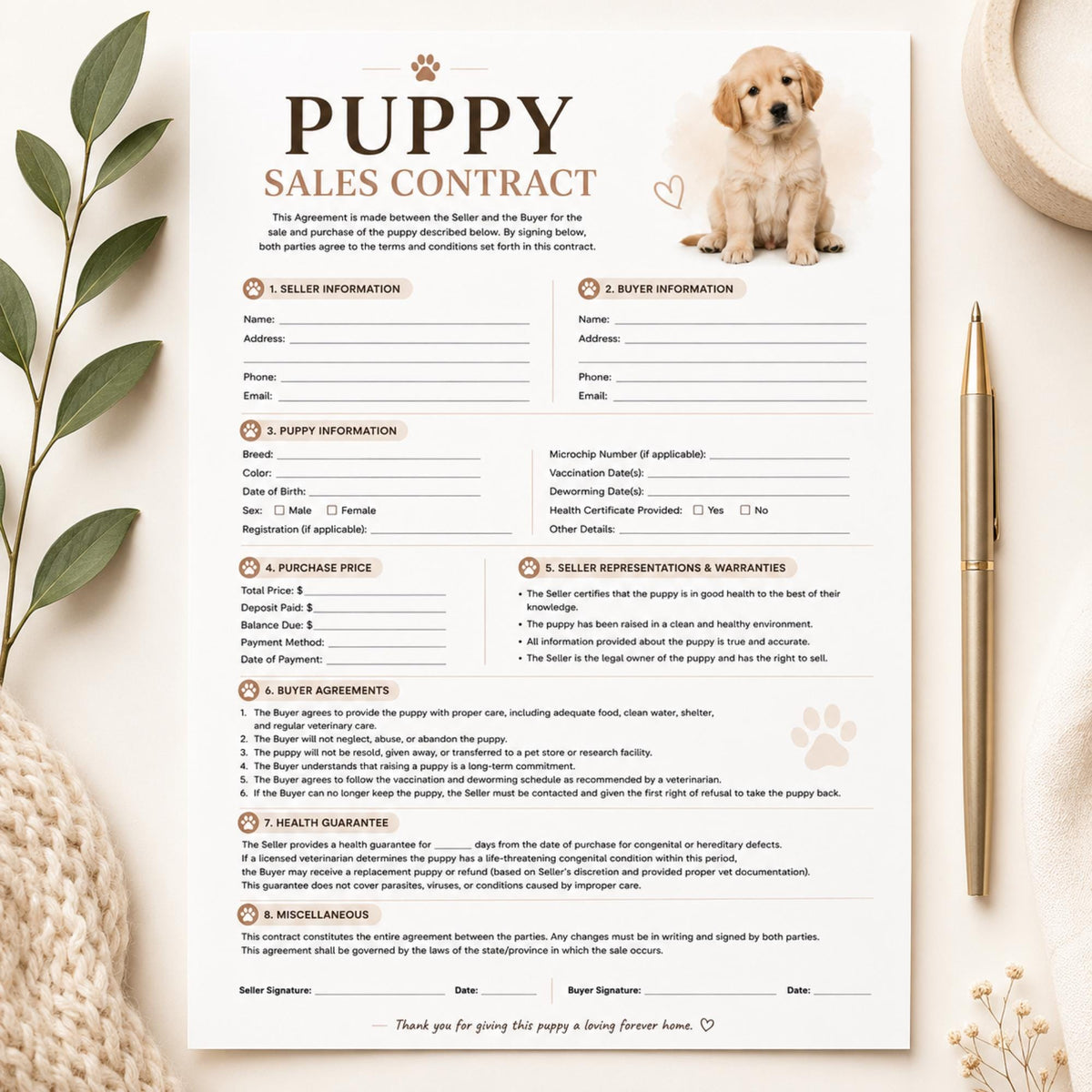 Puppy Contract, Editable PDF Dog Breeder Form | A4 Template