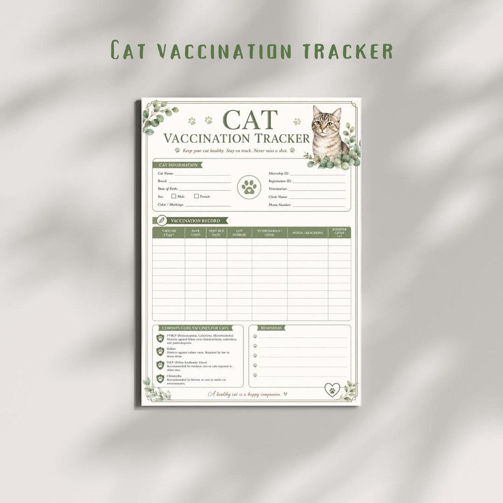 Cat Vaccine Record, A4 Printable PDF with Booster Tracking