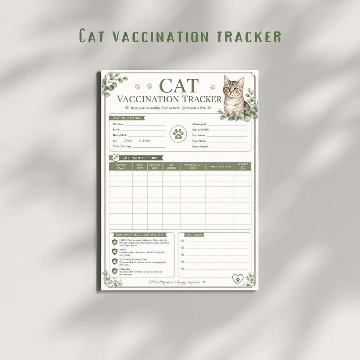 Cat Vaccine Record, A4 Printable PDF with Booster Tracking