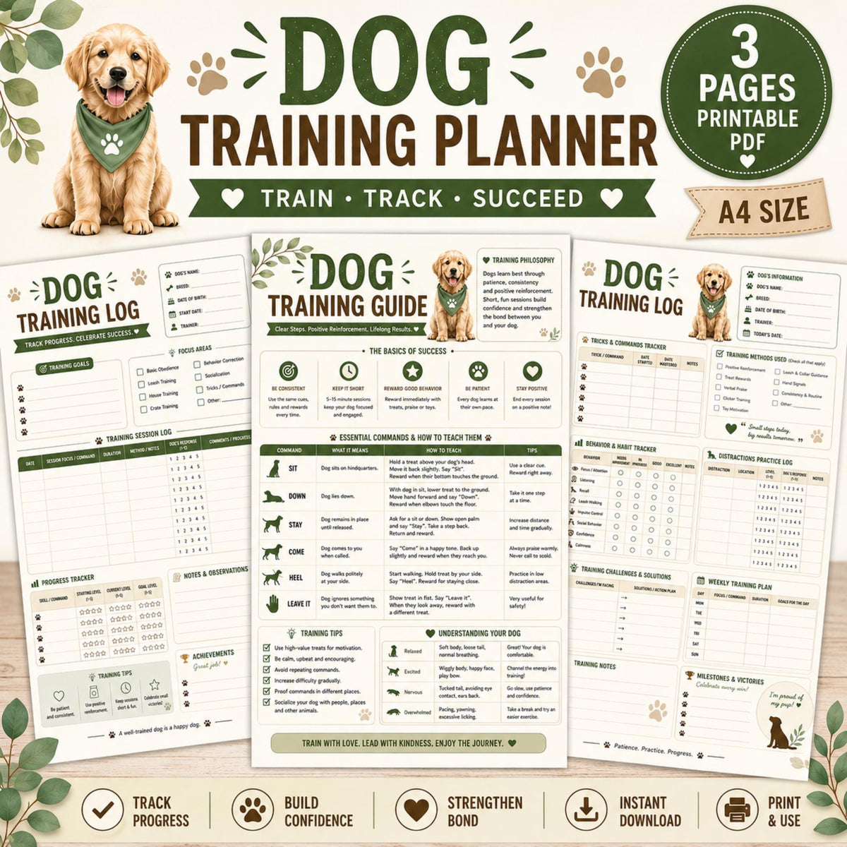 Dog Training Log, A4 Printable PDF Planner with 3 Pages