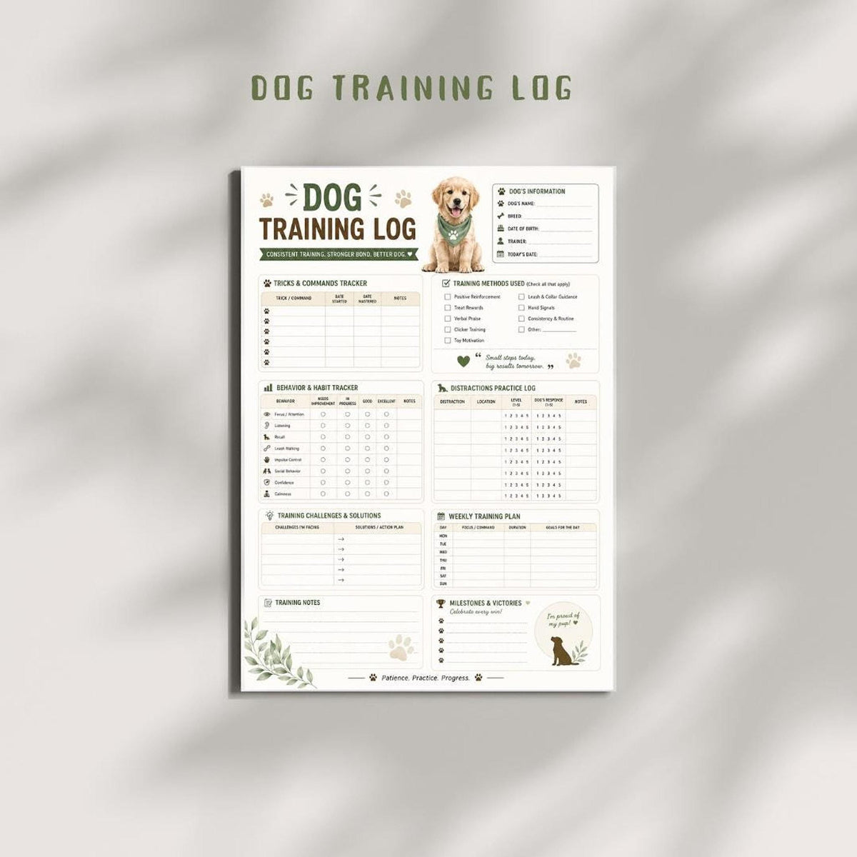 Dog Training Log, A4 Printable PDF Planner with 3 Pages