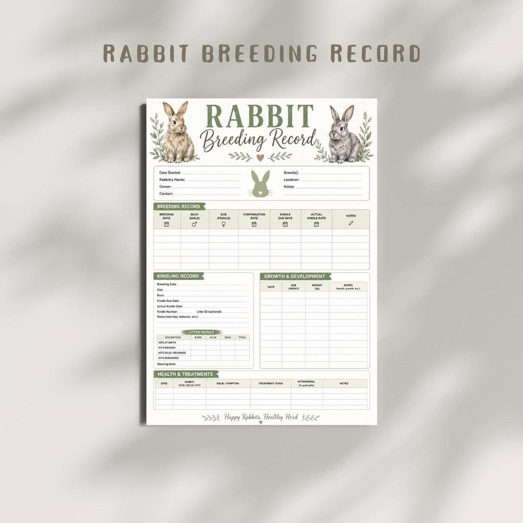 Rabbit Breeding Printable PDF, A4 Kindling Tracker and Rabbitry Record