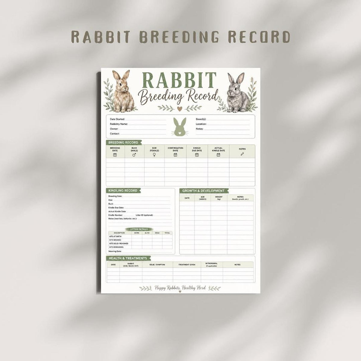 Rabbit Breeding Printable PDF, A4 Kindling Tracker and Rabbitry Record