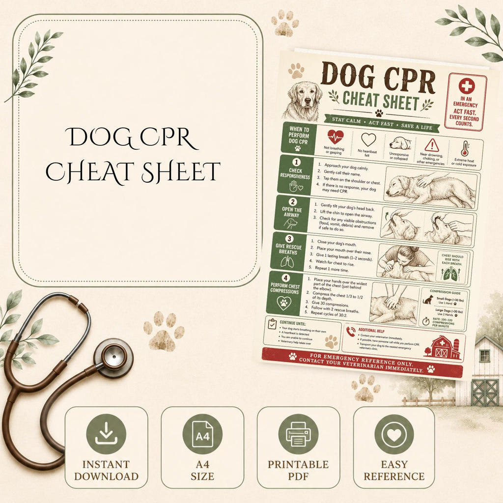 Dog CPR Guide, Printable PDF Cheat Sheet in A4 Format