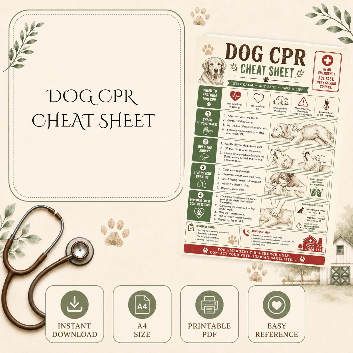 Dog CPR Guide, Printable PDF Cheat Sheet in A4 Format