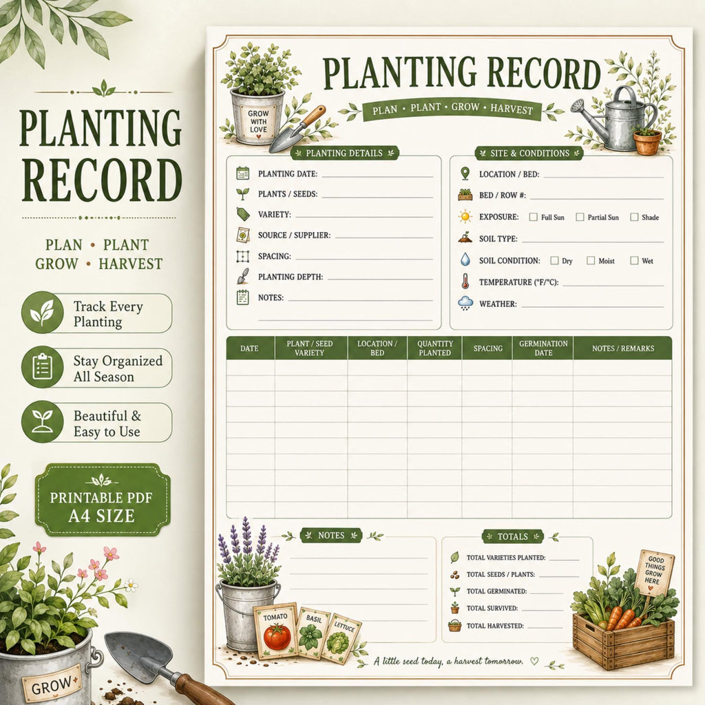 Planting Log Printable, A4 Vegetable Garden Record PDF