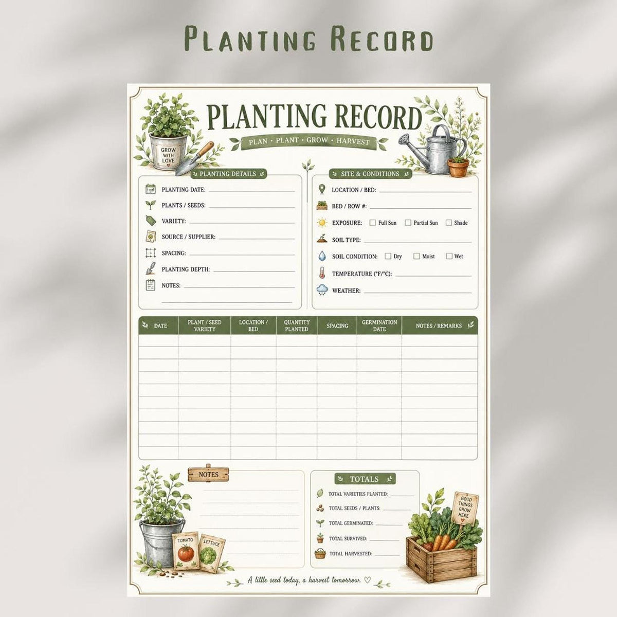 Planting Log Printable, A4 Vegetable Garden Record PDF