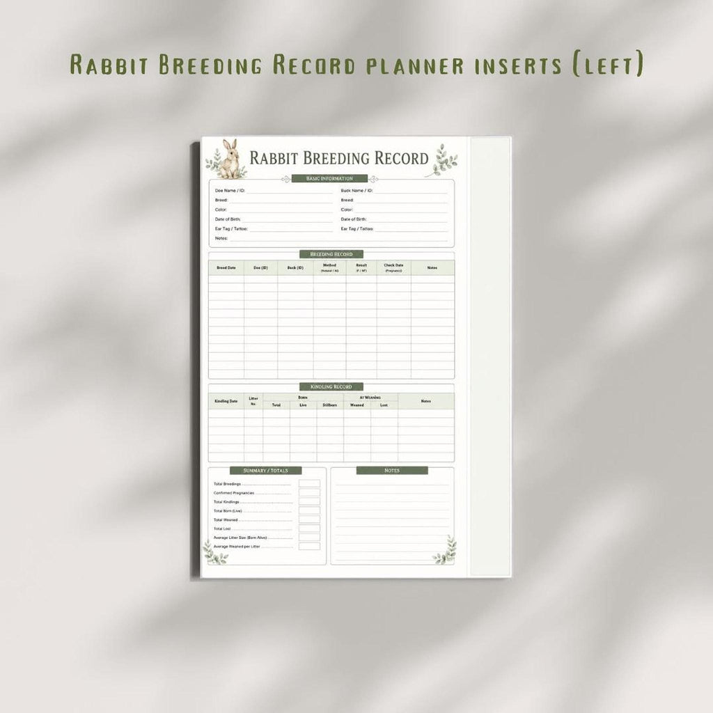 Rabbit Breeding Record, A4 Printable PDF Breeder Log