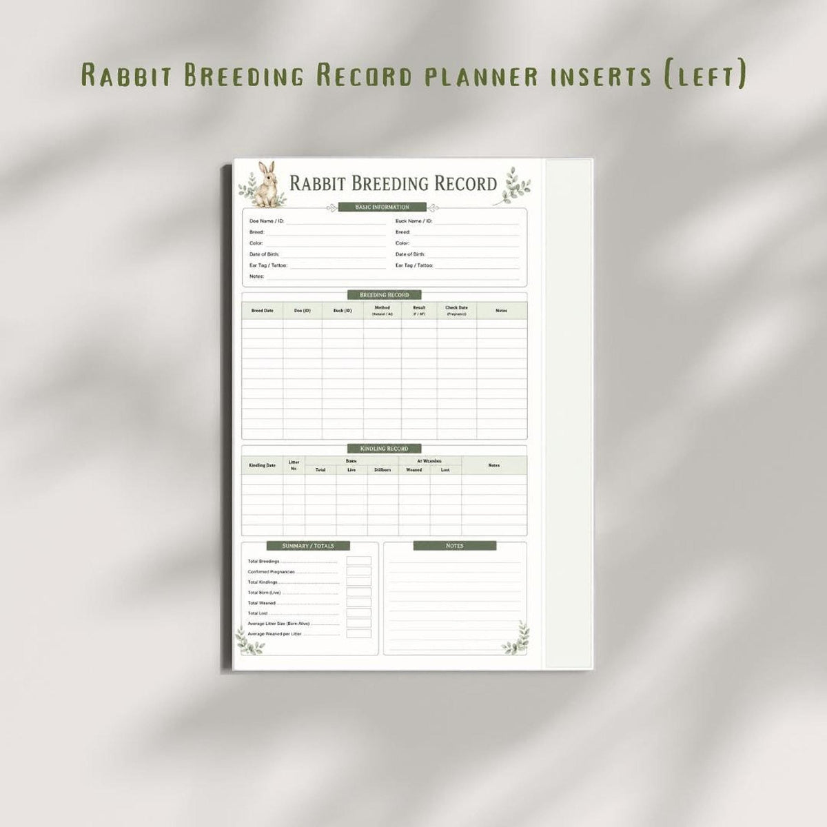 Rabbit Breeding Record, A4 Printable PDF Breeder Log