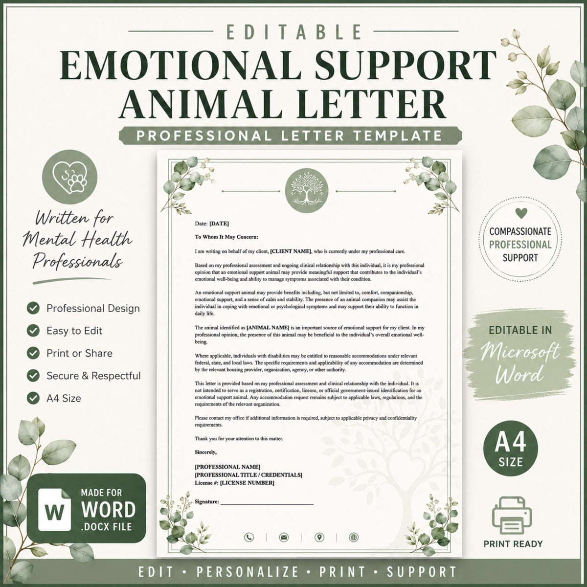 ESA Letter Template, Editable Word Document for Therapists, A4 Mental Health
