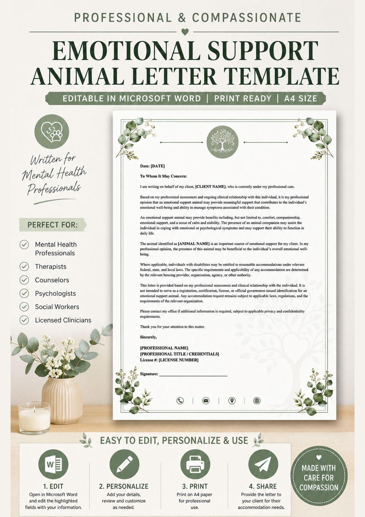 ESA Letter Template, Editable Word Document for Therapists, A4 Mental Health