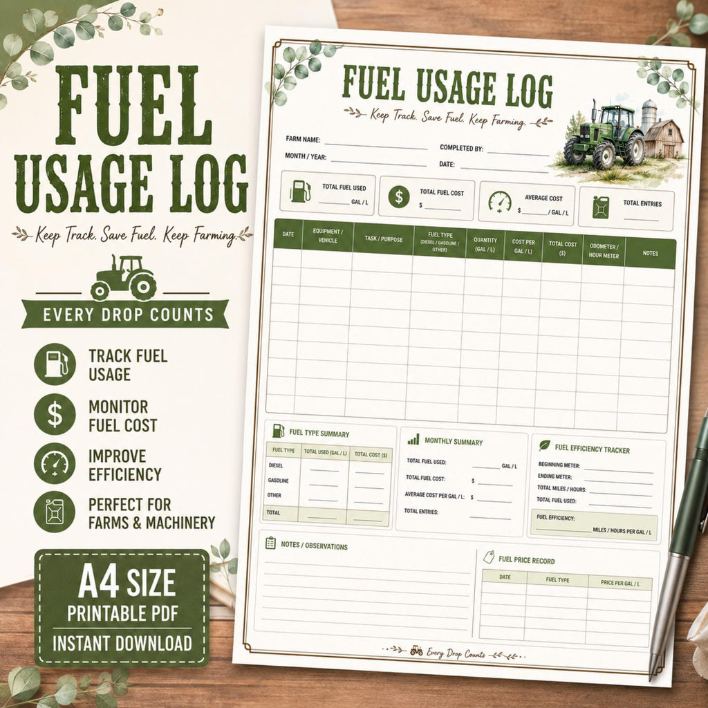 Farm Fuel Log Printable, A4 PDF Equipment Expense Tracker