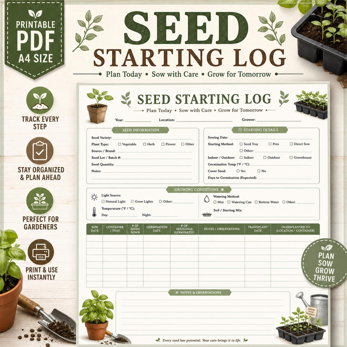 Seed Starting Log, A4 Printable PDF Garden Record Journal
