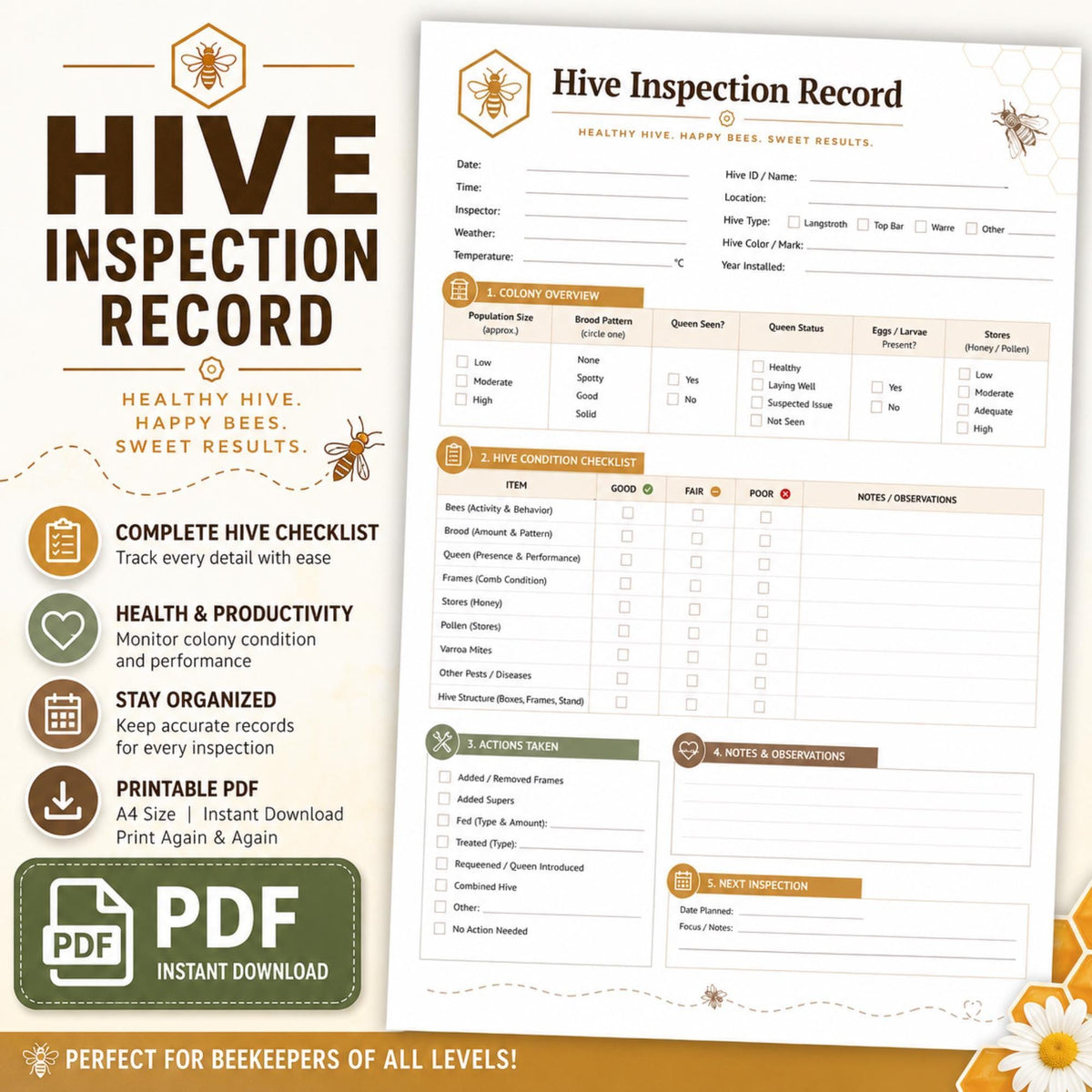 Hive Inspection Printable PDF, A4 Beekeeping Log And Apiary Record