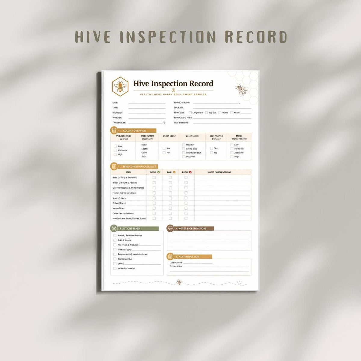 Hive Inspection Printable PDF, A4 Beekeeping Log And Apiary Record