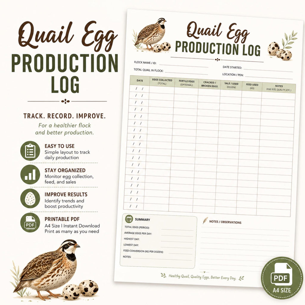 Quail Egg Log, A4 Printable PDF Farm Record Sheet