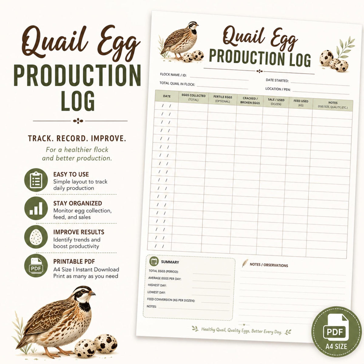 Quail Egg Log, A4 Printable PDF Farm Record Sheet