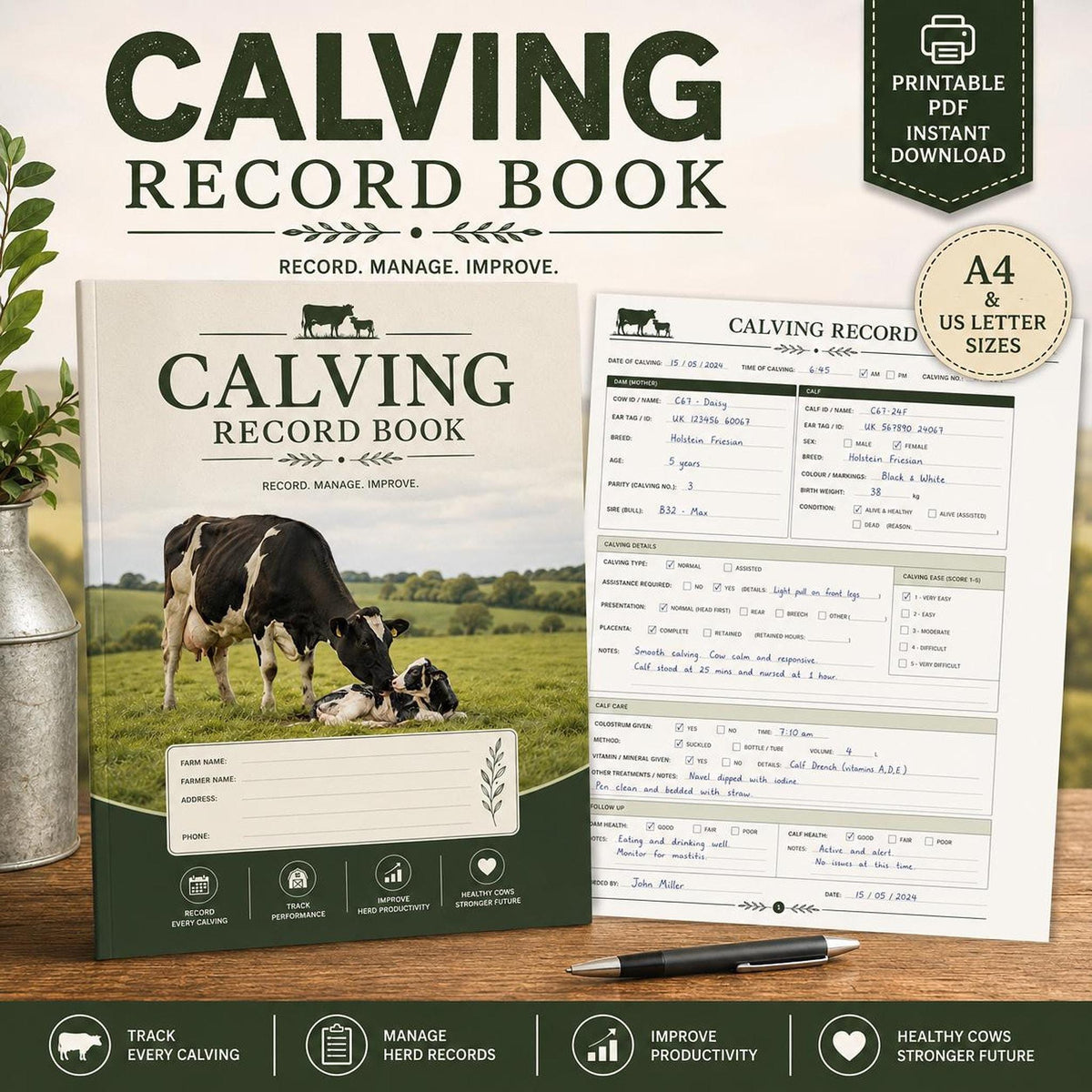 Calving Record Printable PDF, A4 & US Letter Cow Book