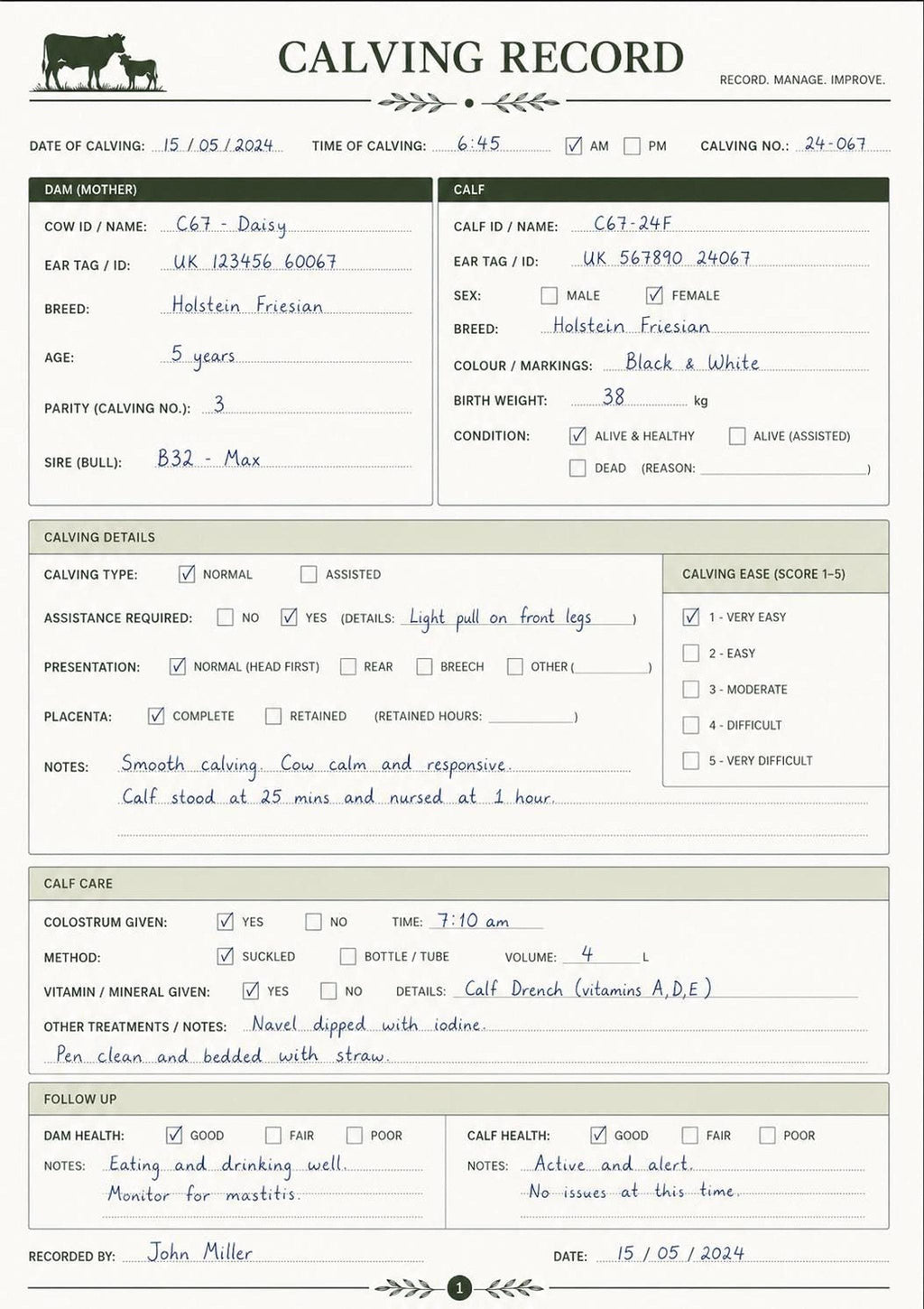 Calving Record Printable PDF, A4 & US Letter Cow Book