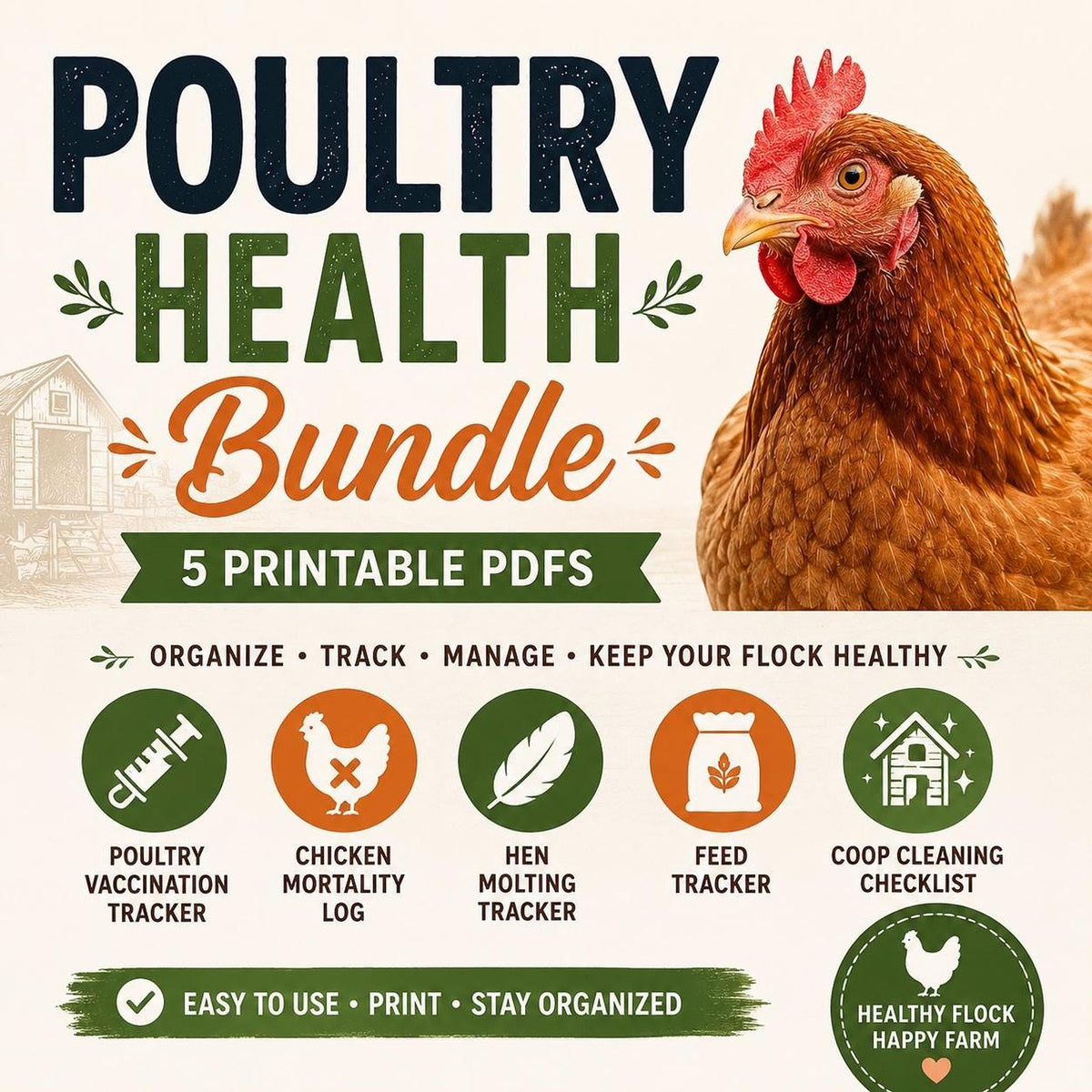 Chicken Health Printable PDF Bundle, Poultry Records and Flock Tracker