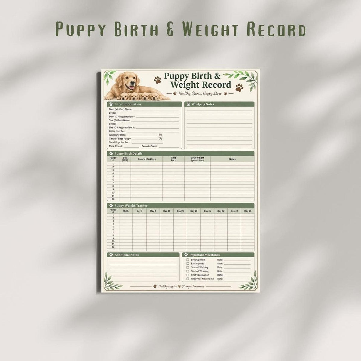 Puppy Whelping Log, Birth And Weight Tracker Printable A4 PDF