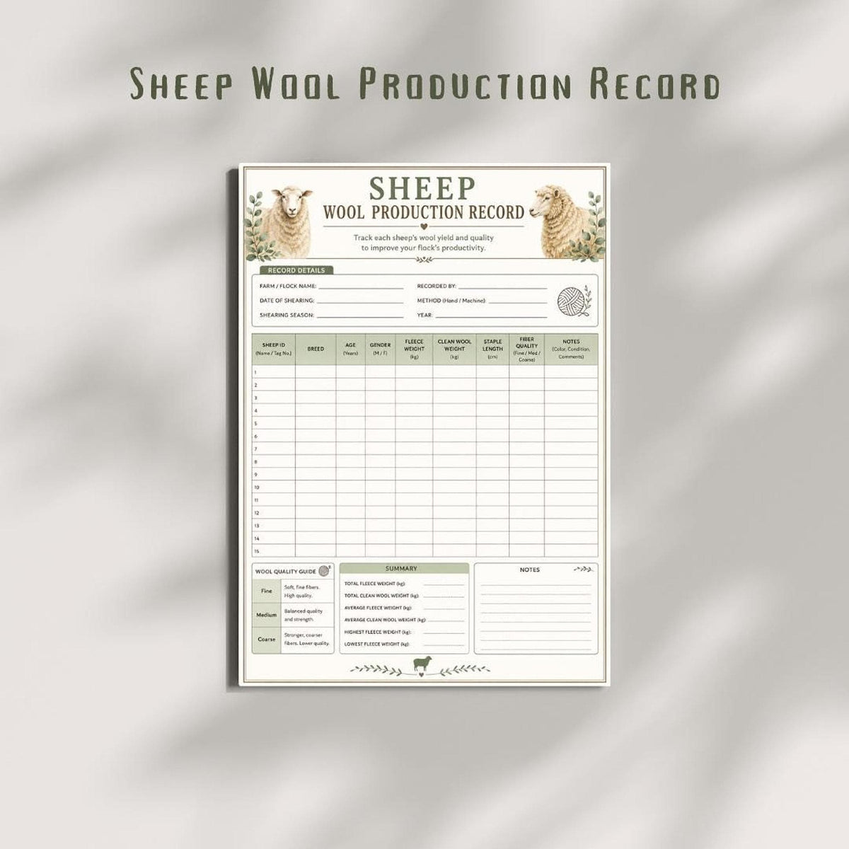 Wool Record, A4 Sheep Printable PDF With Yield Tracker
