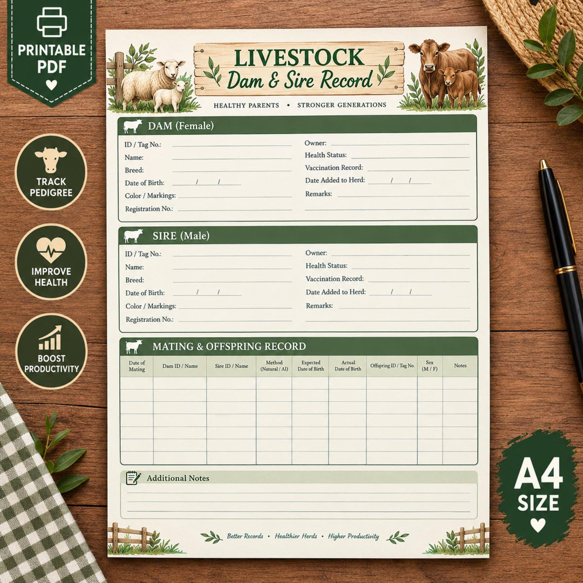 Livestock Dam & Sire Record Printable | Breeding Tracker (PDF)
