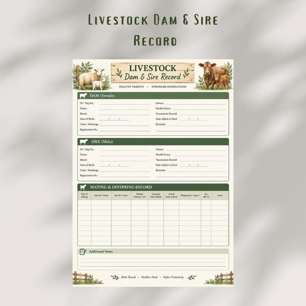 Livestock Dam & Sire Record Printable | Breeding Tracker (PDF)