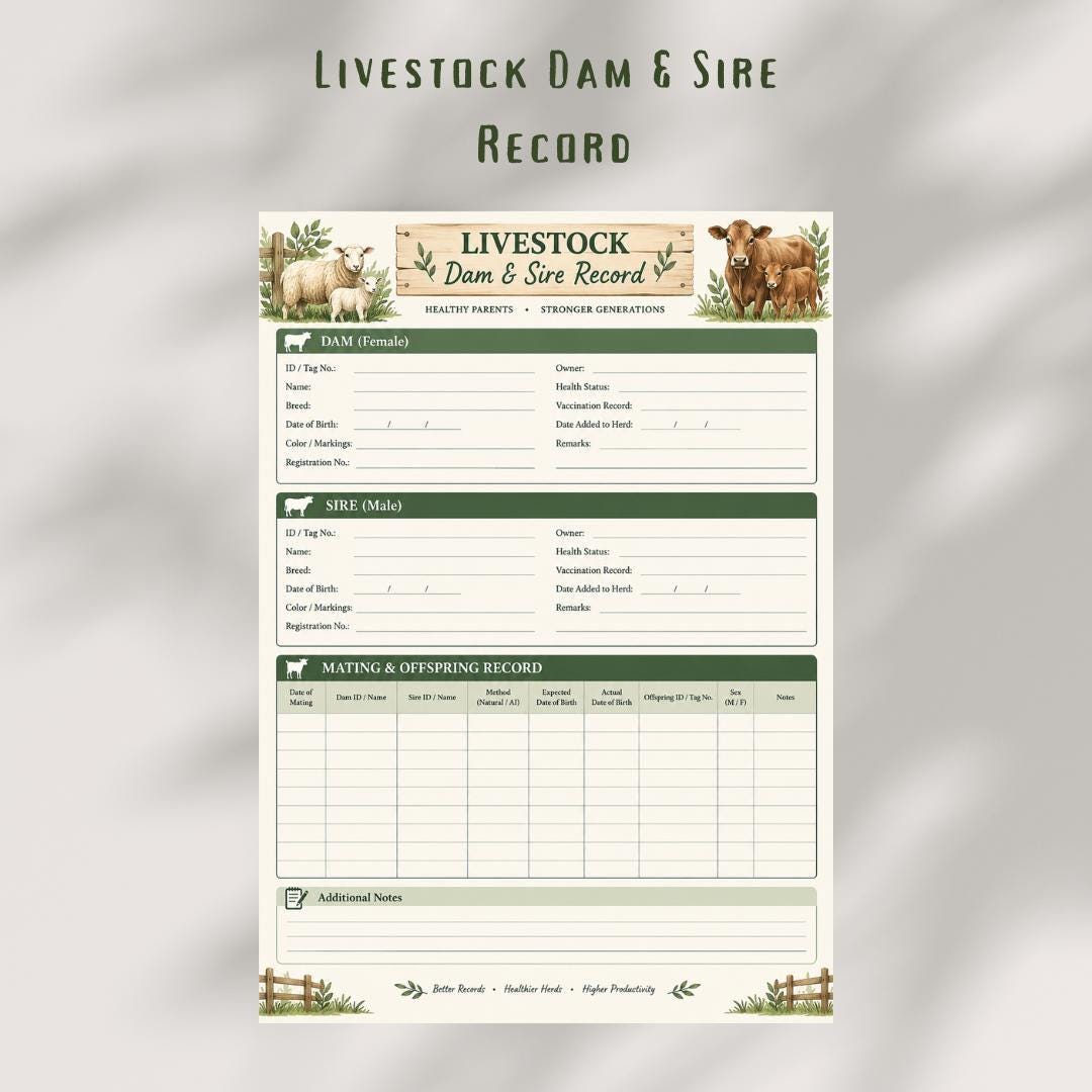 Livestock Dam & Sire Record Printable | Breeding Tracker (PDF)