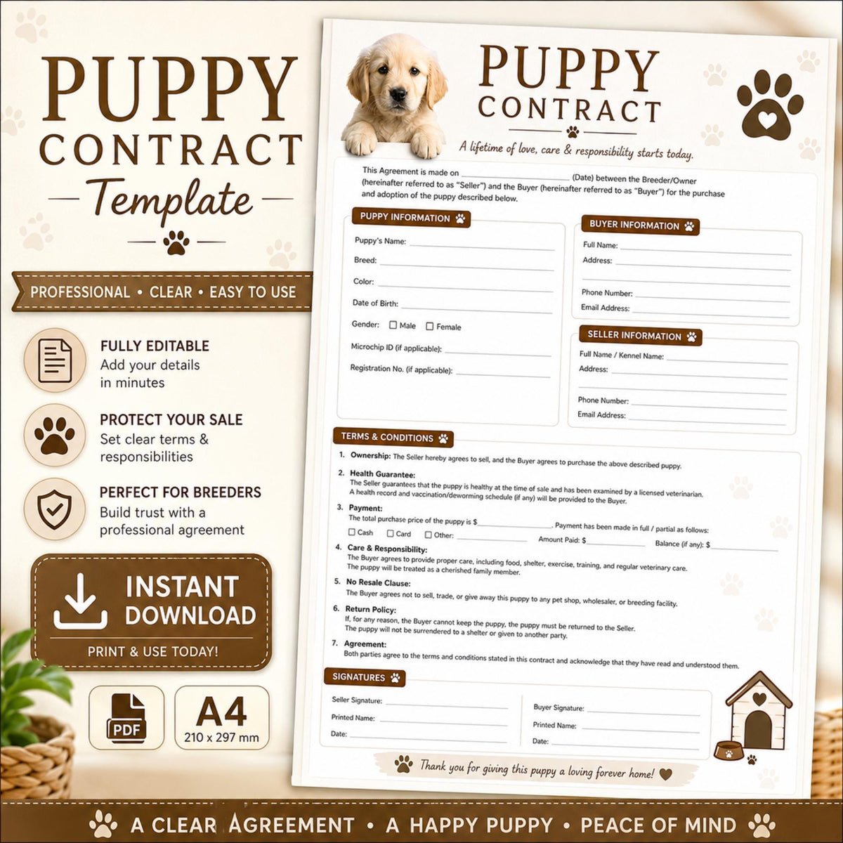 Puppy Contract, Editable Breeder Agreement | PDF | A4 - Printable Template For Sellers, Owners