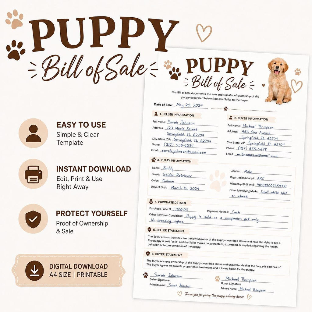 Puppy Bill of Sale Form - A4PDF Document for Breeders and Sellers