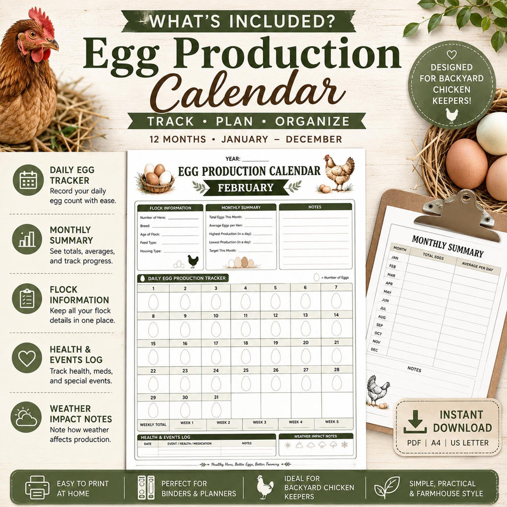 Chicken Egg Production Log | 12-Month Flock Planner, Poultry Record Book (PDF)