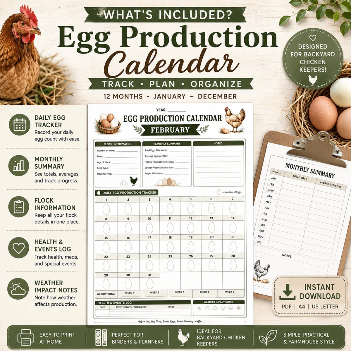 Chicken Egg Production Log | 12-Month Flock Planner, Poultry Record Book (PDF)