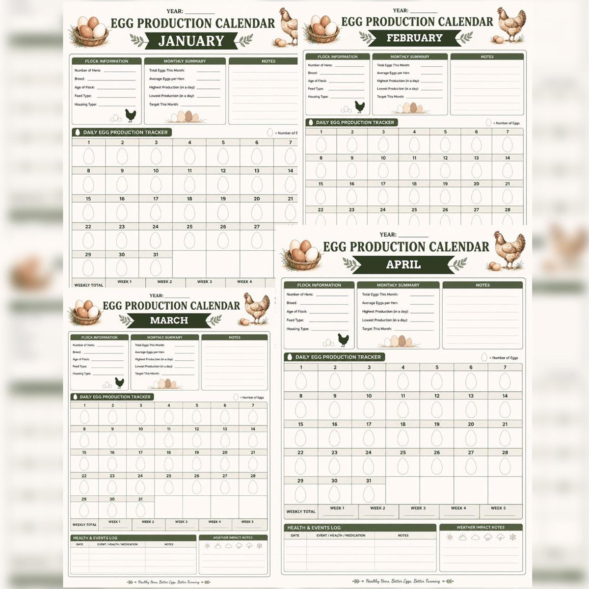Chicken Egg Production Log | 12-Month Flock Planner, Poultry Record Book (PDF)